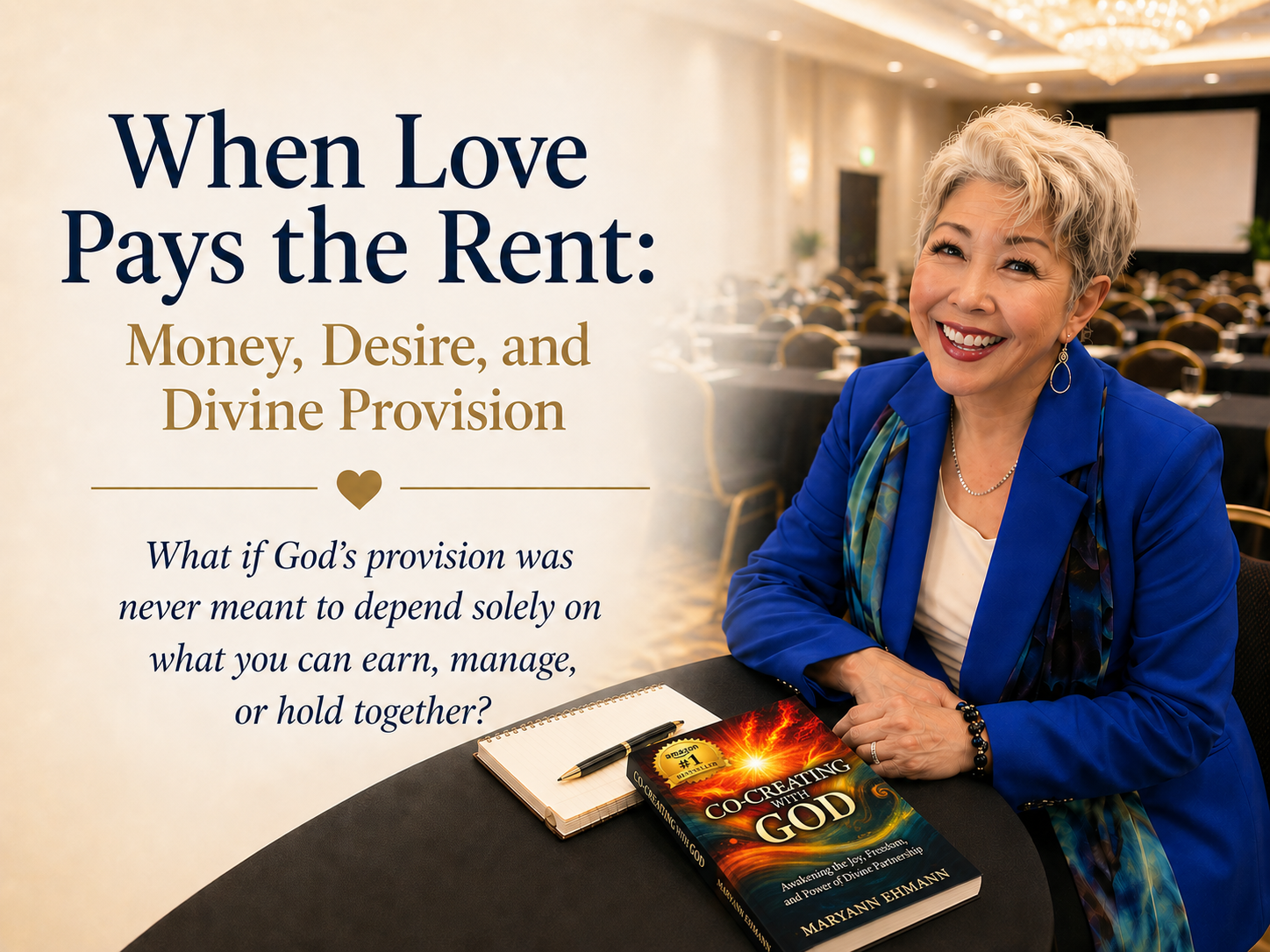 Book cover: smiling woman in a blue jacket beside title