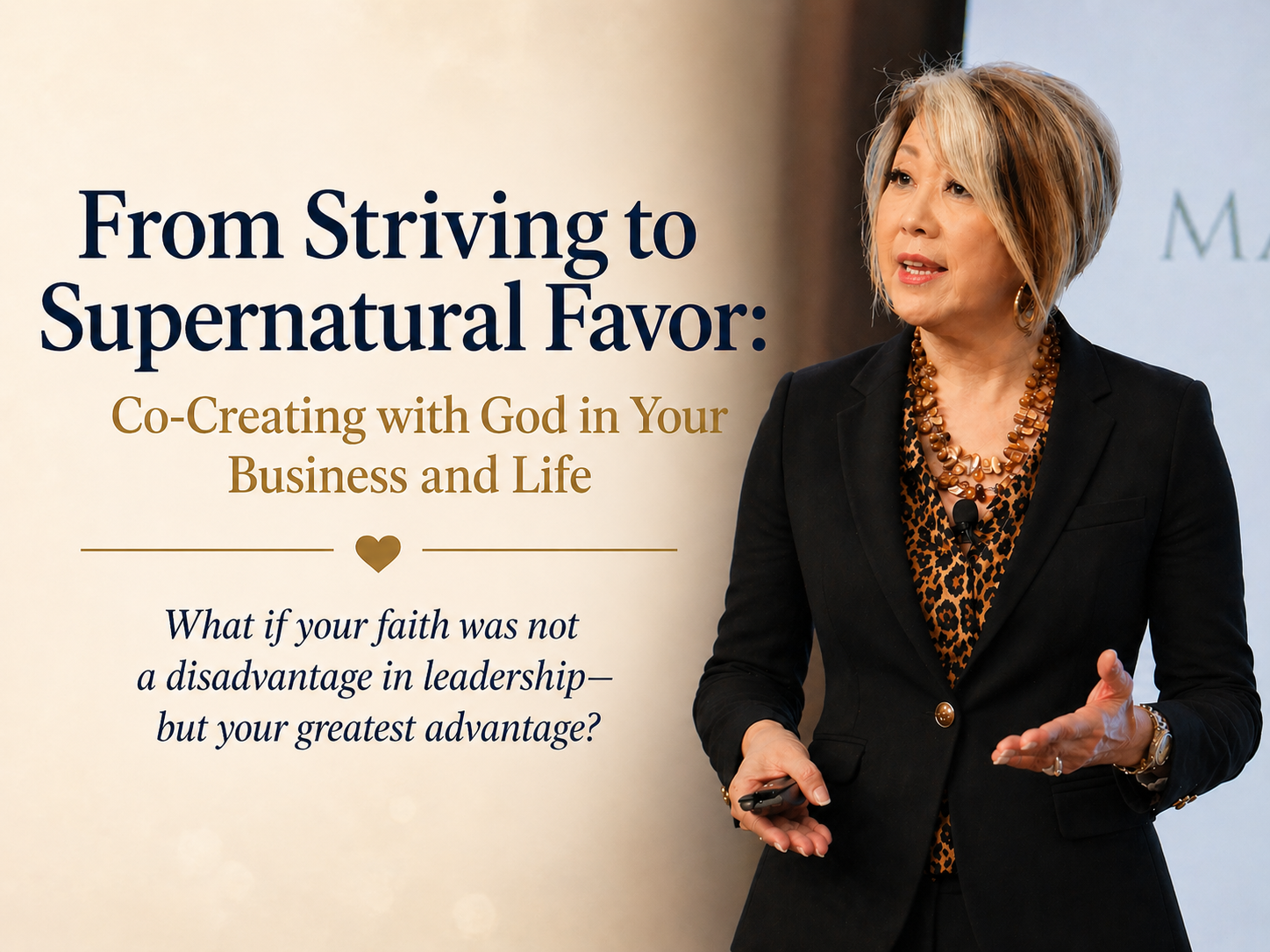 Woman speaking beside text: “From Striving to Supernatural Favor” on a light background.