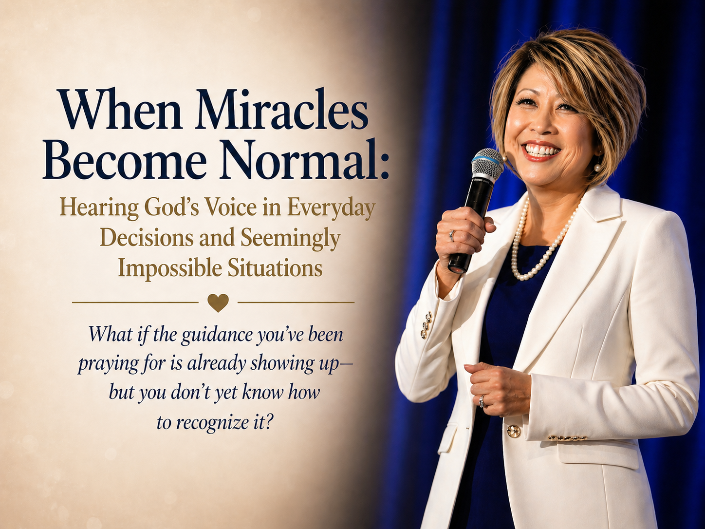 Woman in a white blazer holding a microphone beside the book title “When Miracles Become Normal.”