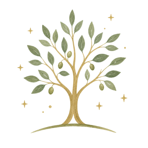 Stylized golden tree with green leaves and small stars on a white background