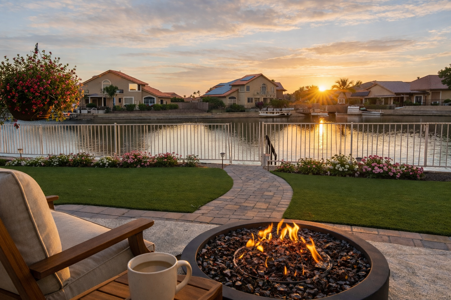 Patio with fire pit and mug overlooking a lakeside neighborhood at sunset