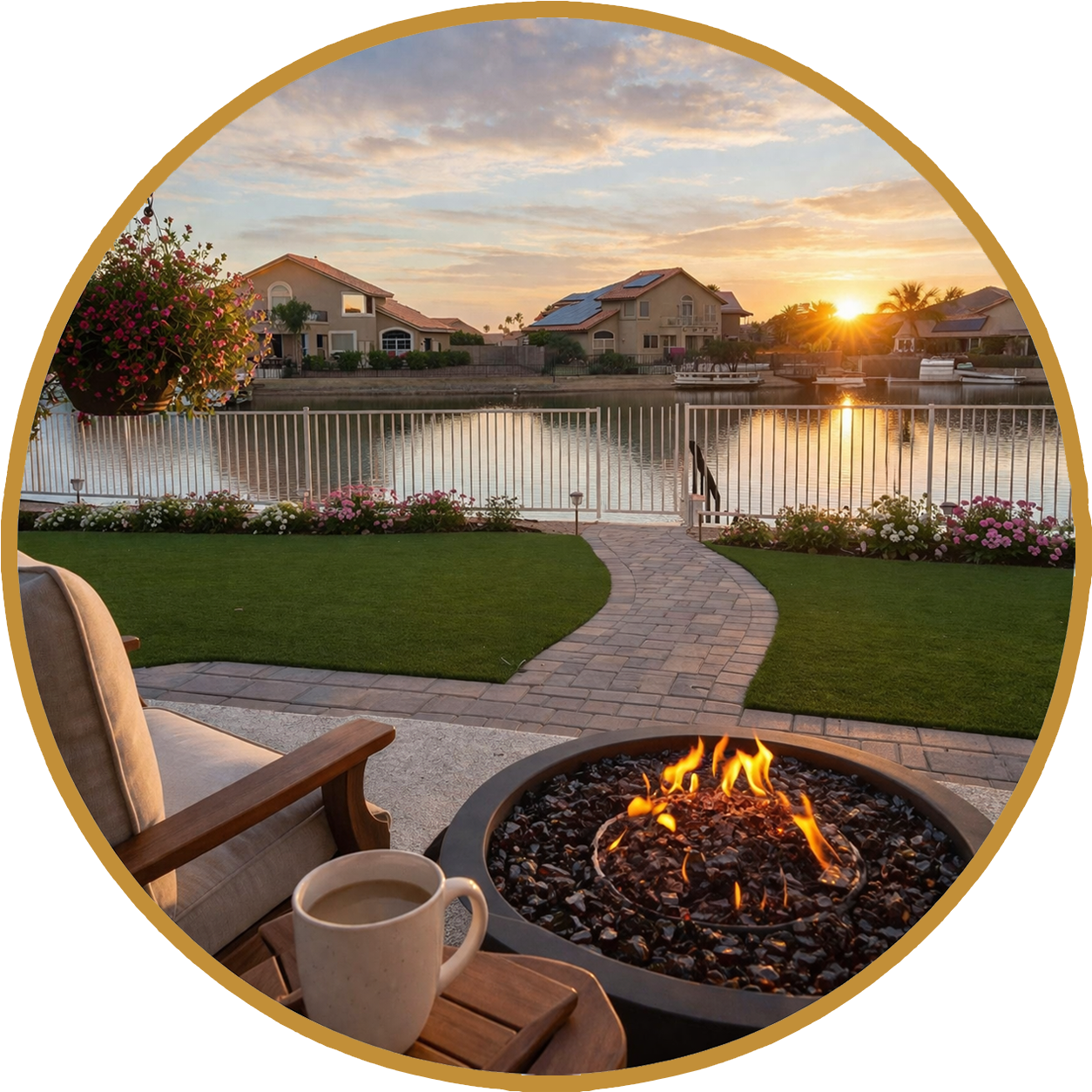 Backyard patio with fire pit and chair overlooking a sunset-lit pond and suburban homes