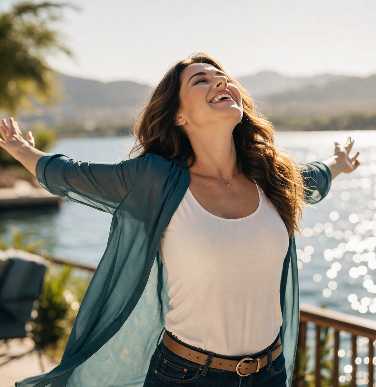 Woman with arms outstretched by a sunlit waterfront, smiling and facing the sky