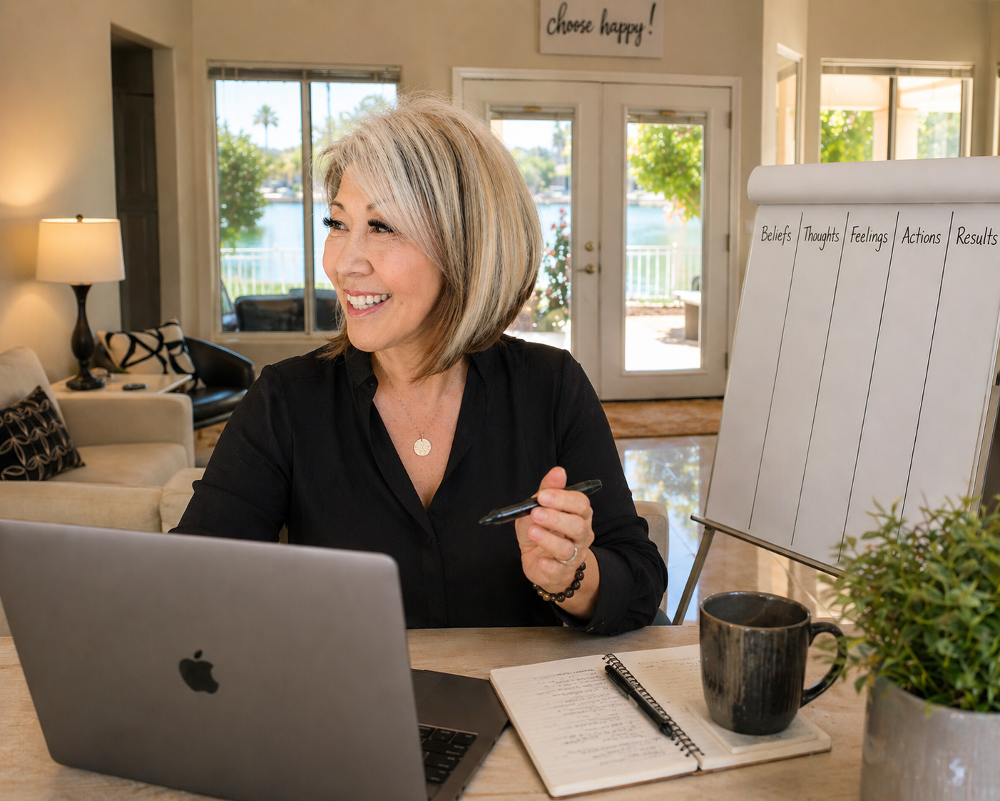 Woman smiling at a desk with a laptop, notebook, mug, and whiteboard in a bright home office