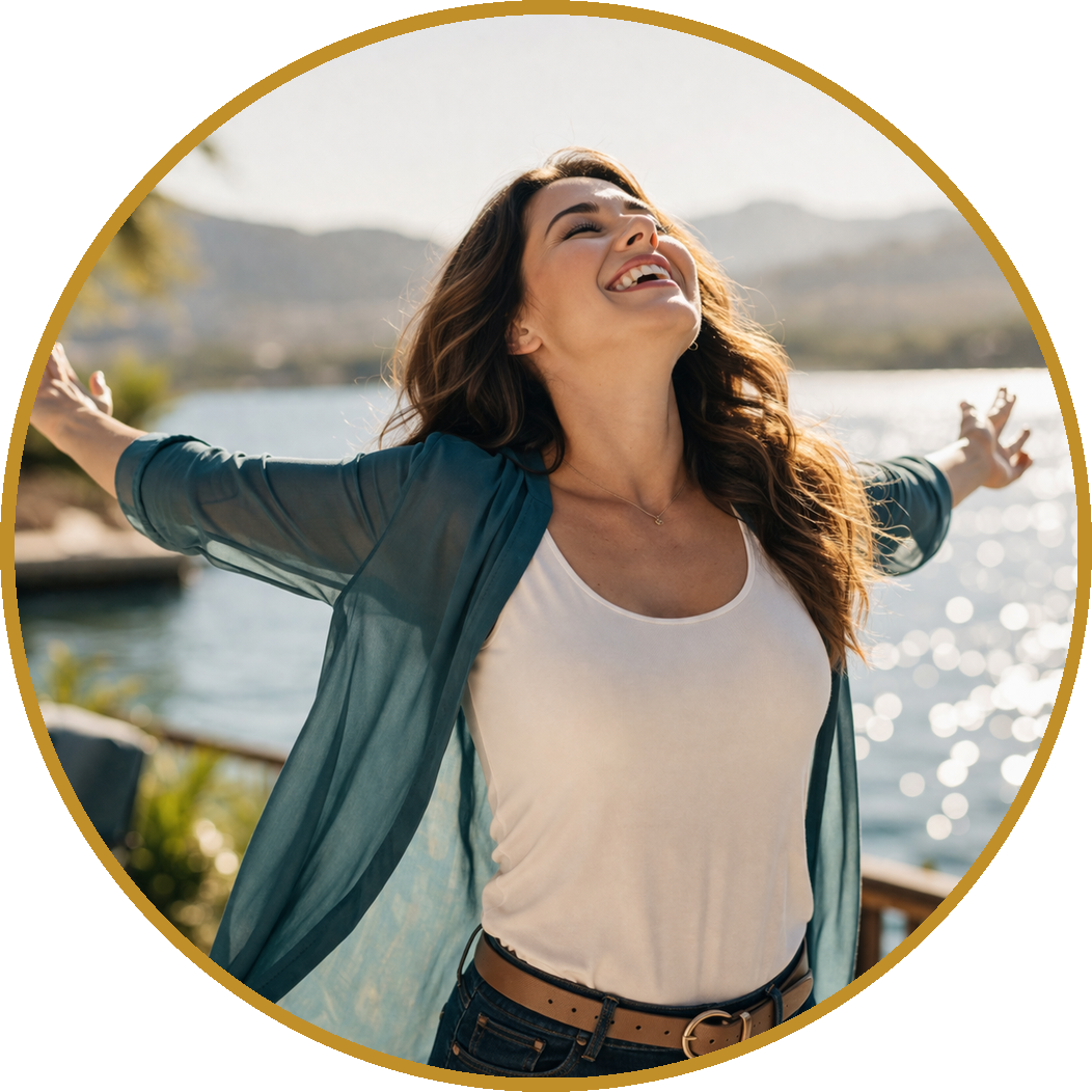 Smiling person with arms outstretched by a sunny waterfront, wearing a teal cardigan and white top