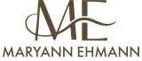 Maryann Ehmann logo in brown and beige with stylized ME initials and wavy line