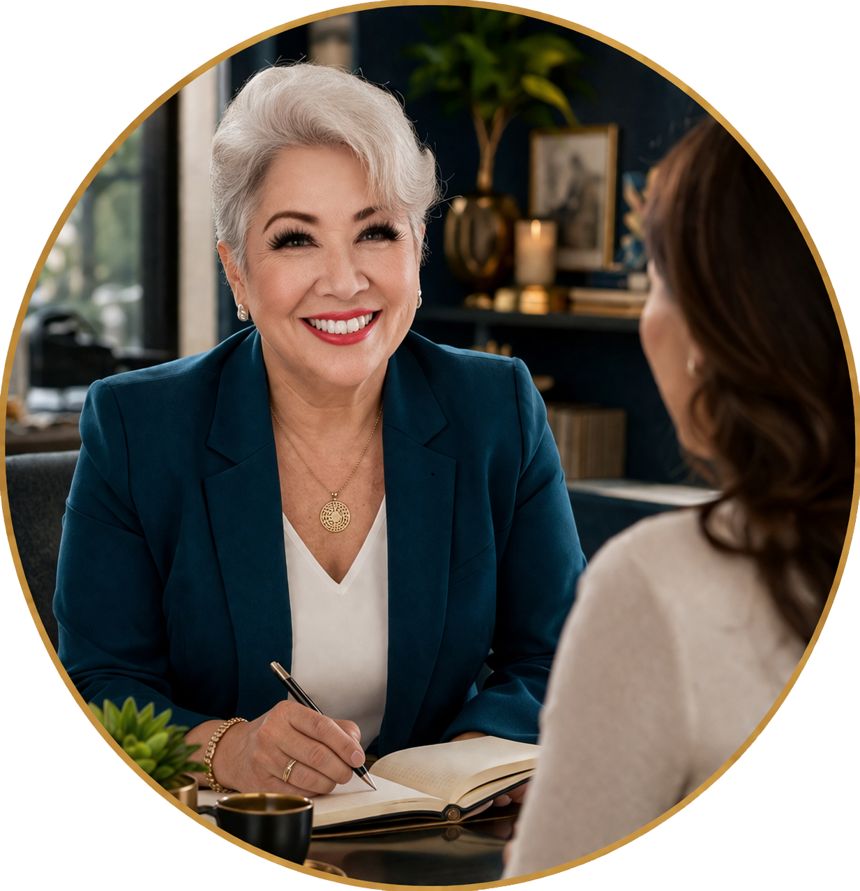 Smiling woman in teal blazer speaking across a desk in a cozy office setting