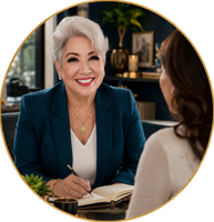 Smiling woman in teal blazer speaking across a desk in a cozy office setting