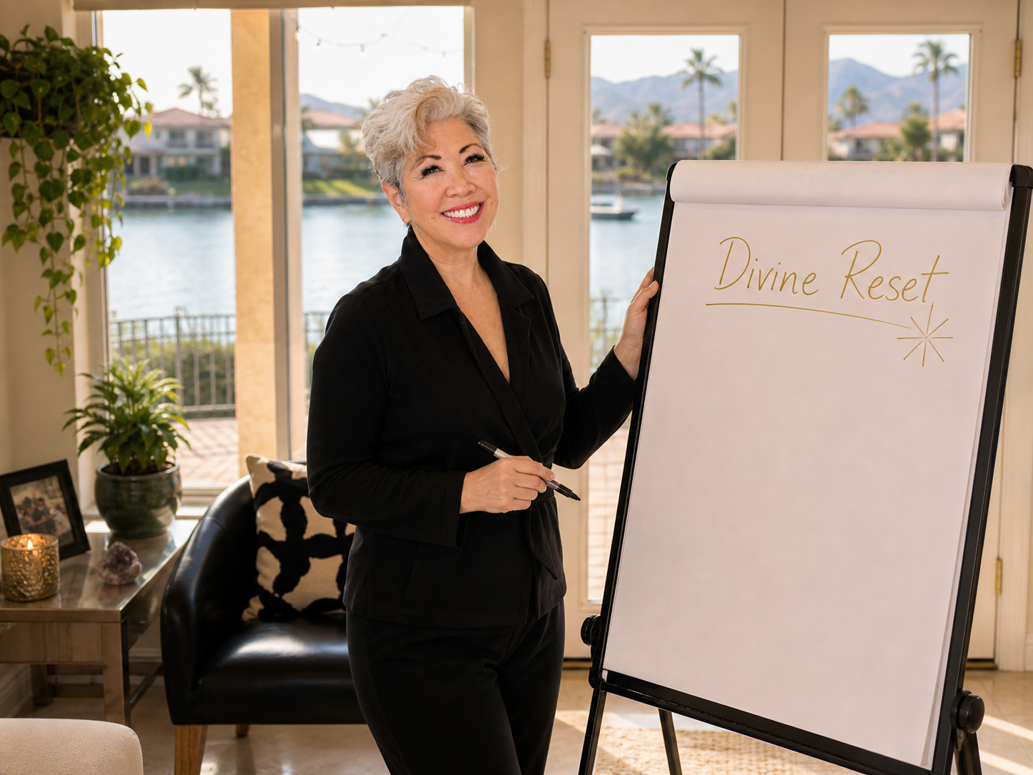 Woman in black suit stands beside a flip chart in a bright waterfront office, smiling.