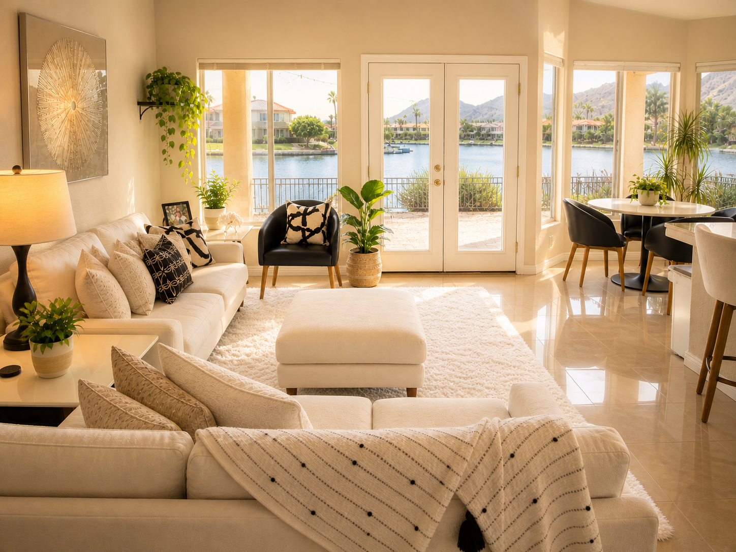 Bright modern living room with beige sofa, white ottoman, and glass doors opening to a waterfront view.