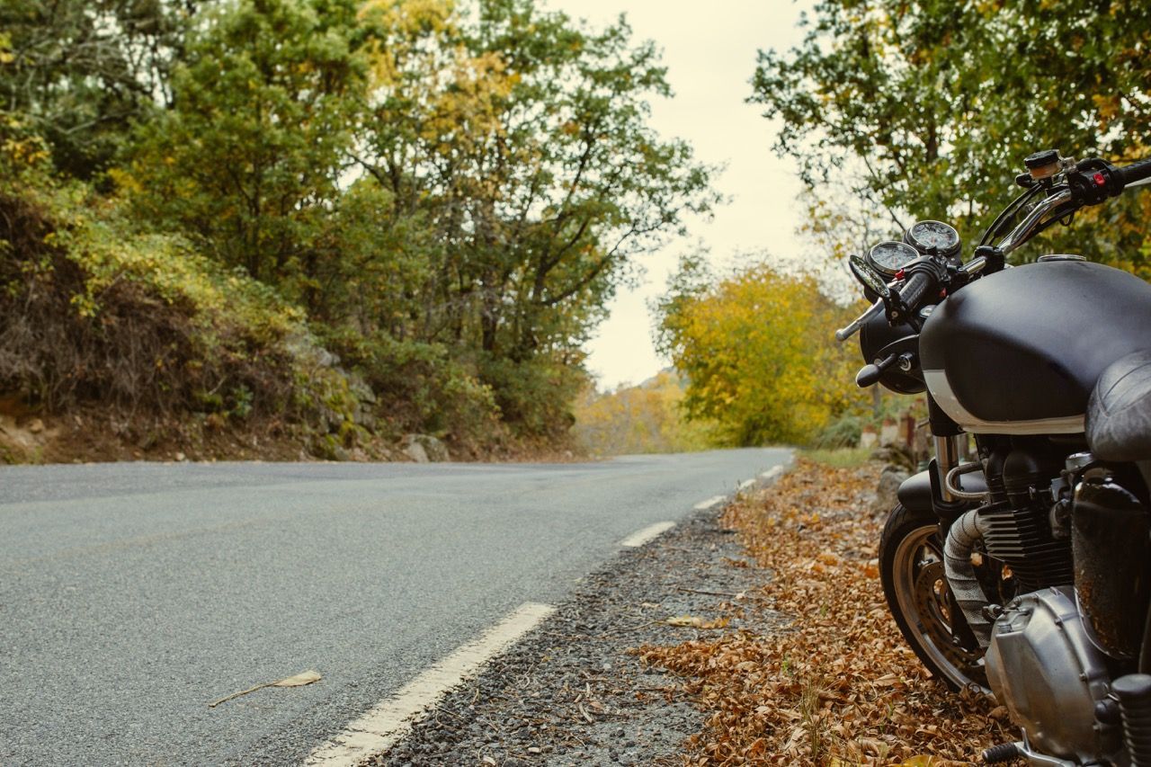Motorcycle parked beside a leaf-covered road in autumn woods