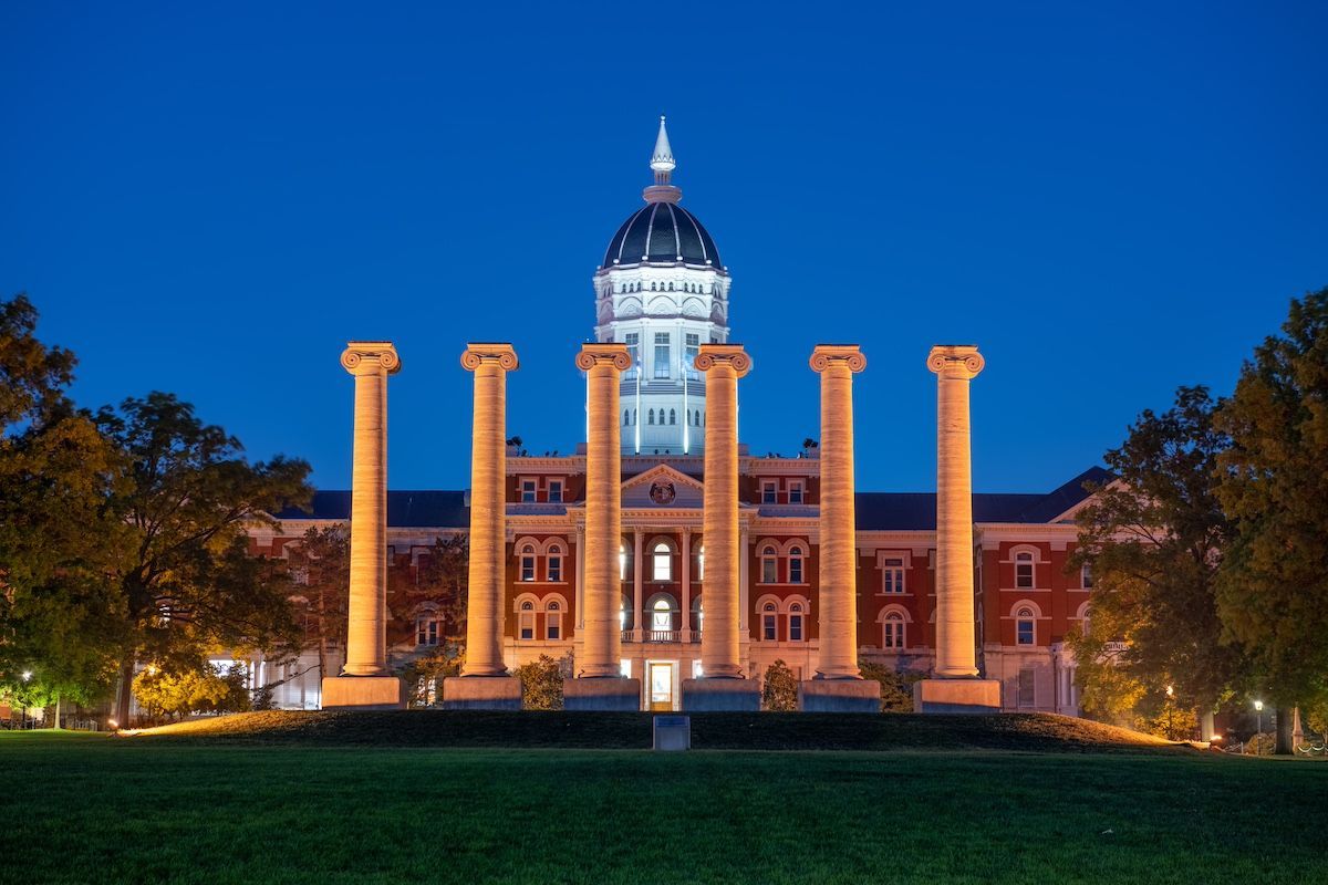 The Columns & Jesse Hall at the University of Missouri Lit up at Night.