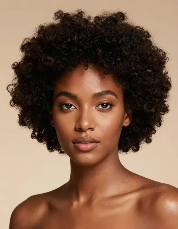Portrait of a person with short curly hair against a beige background, looking directly at the camera