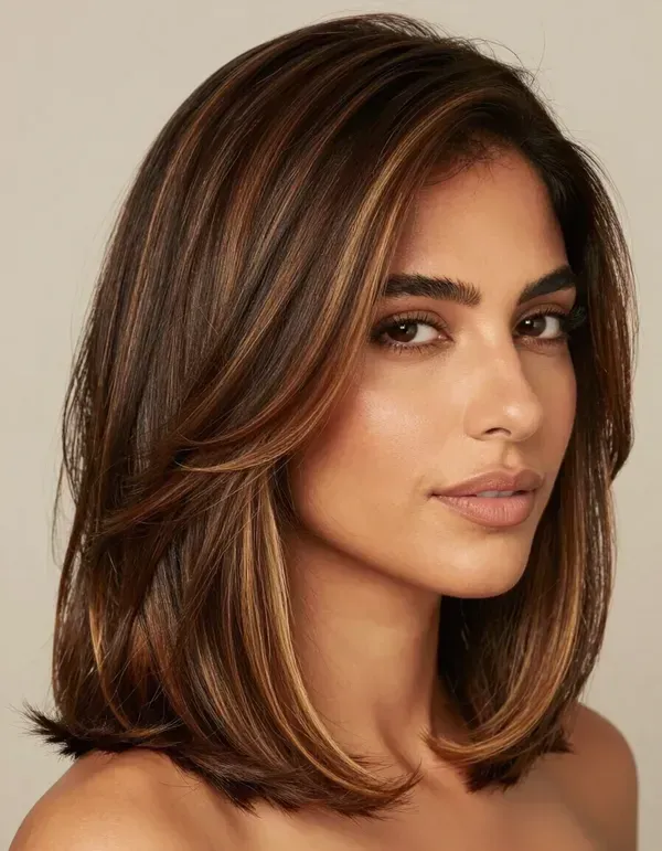 Close-up portrait of a person with shoulder-length brown hair and soft makeup against a neutral beige background