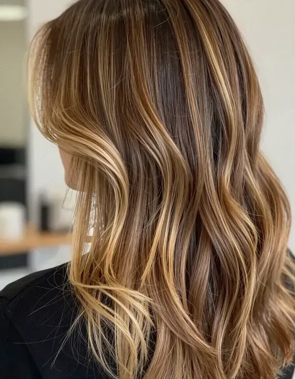 Shoulder-length wavy hair with blonde highlights and dark brown lowlights, shown from the back.