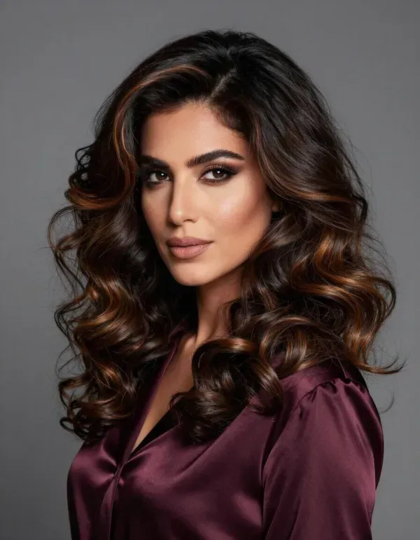 Portrait of a woman with wavy dark hair wearing a satin burgundy blouse against a gray background