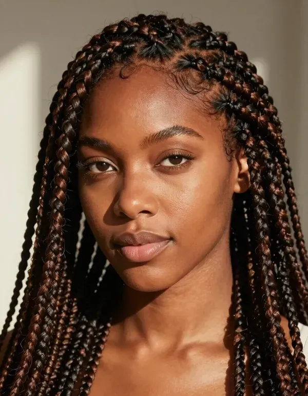 Close-up portrait of a woman with long braided hair against a warm-toned background.