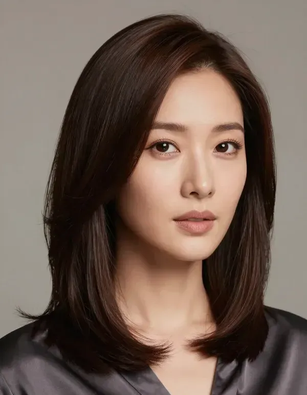 Portrait of a woman with shoulder-length dark hair in a dark satin top against a neutral background