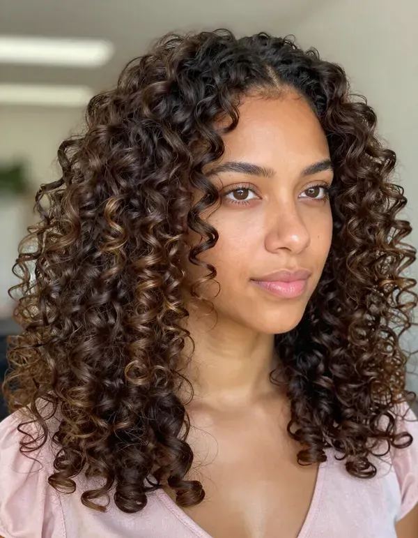 Close-up portrait of a person with long curly hair wearing a light pink top, looking slightly to the side.