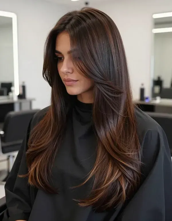 Woman with long brown hair in a black top, standing in a salon with a blurred mirror background