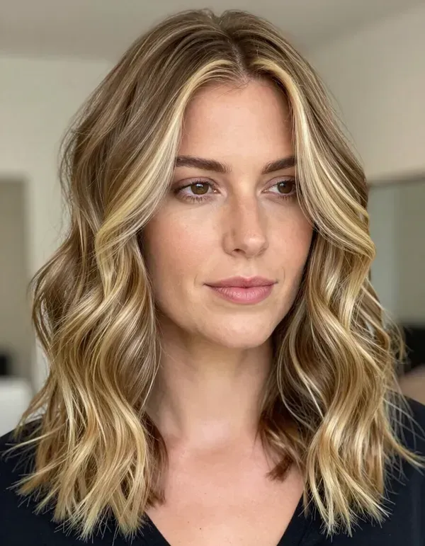 Portrait of a woman with wavy blonde hair in a black top, looking slightly to the side