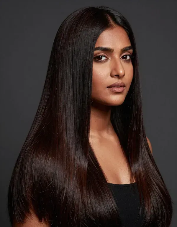Portrait of a woman with long straight dark hair against a dark background