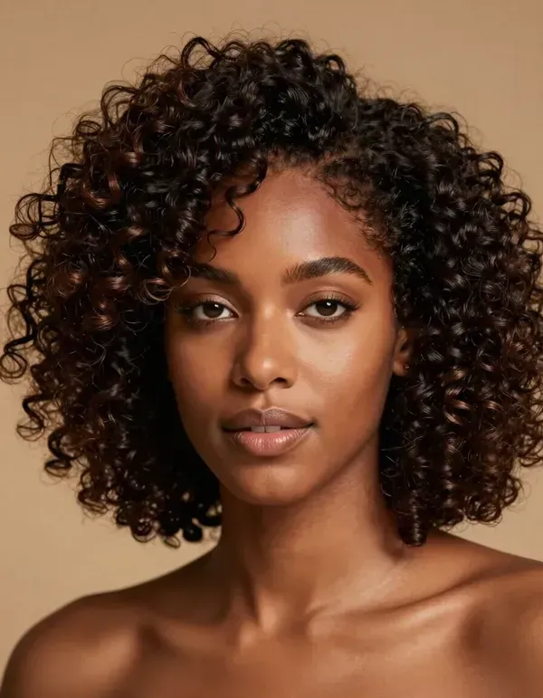 Portrait of a woman with short curly hair against a beige background