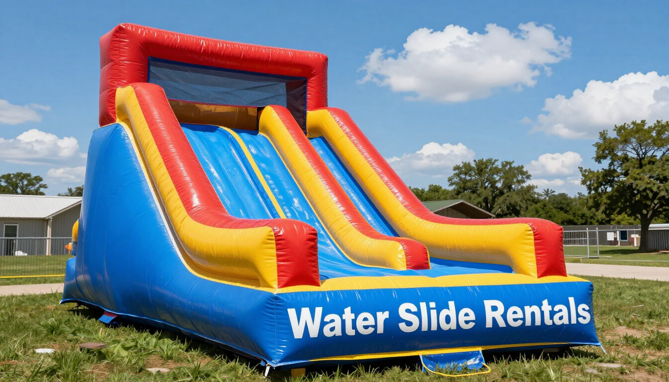 Inflatable water slide rental with red, blue, and yellow lanes on a grassy lawn under a blue sky