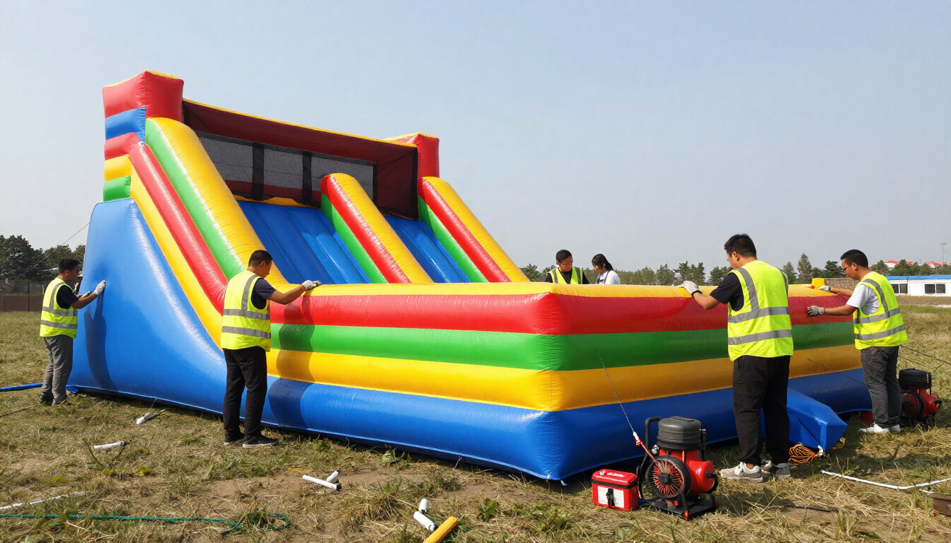 People setting up a large rainbow inflatable bounce house in a grassy field outdoors