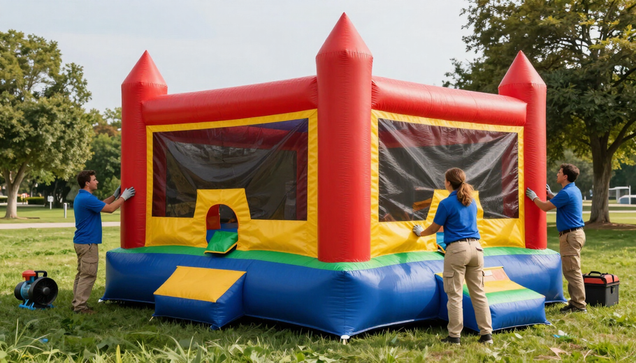 People setting up a red and yellow inflatable bounce house in a grassy park