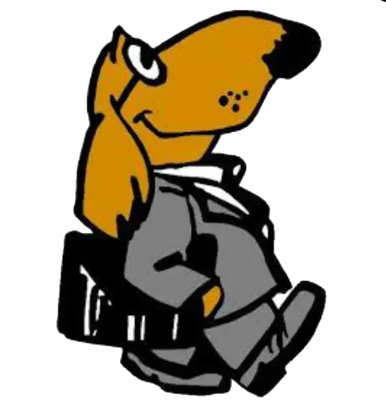 Cartoon dog in a gray suit sitting on a chair, carrying a black briefcase.