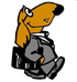 Cartoon dog in a gray suit sitting on a chair, carrying a black briefcase.
