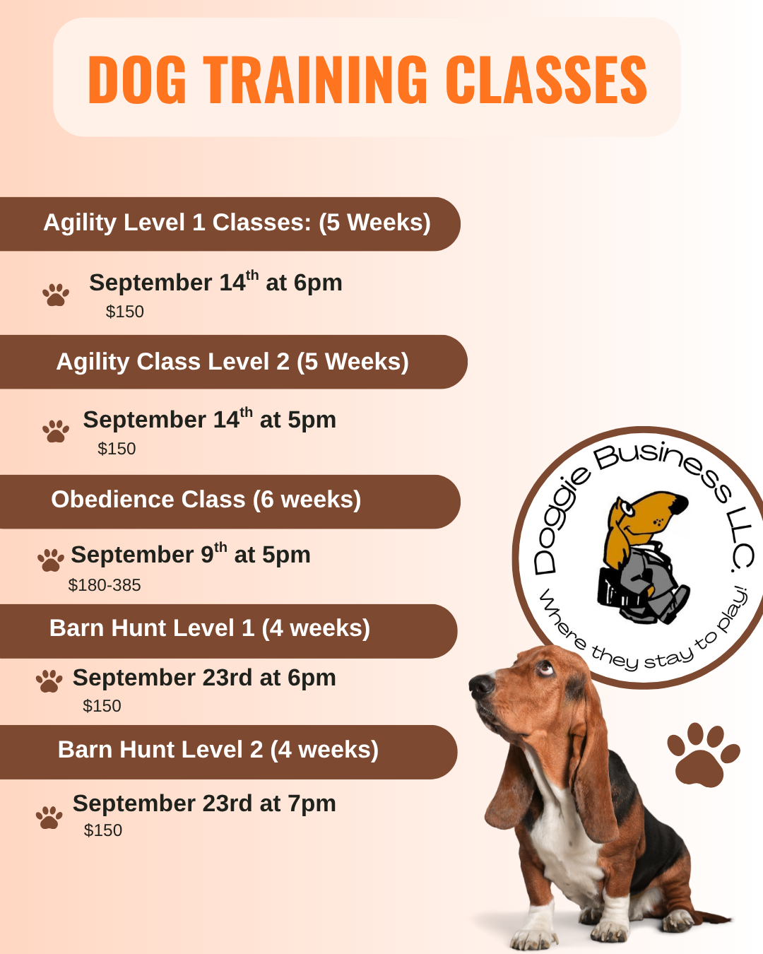 Dog training classes flyer in orange and brown with puppy and beagle photos, listing agility, obedience, and hunt level dates.
