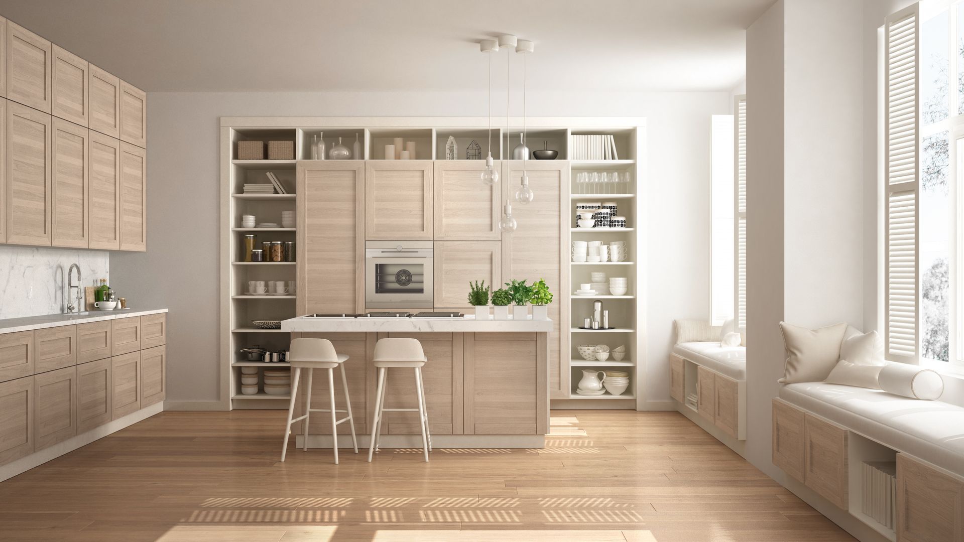 Light wood kitchen with island, cabinets, shelves, and window seat.