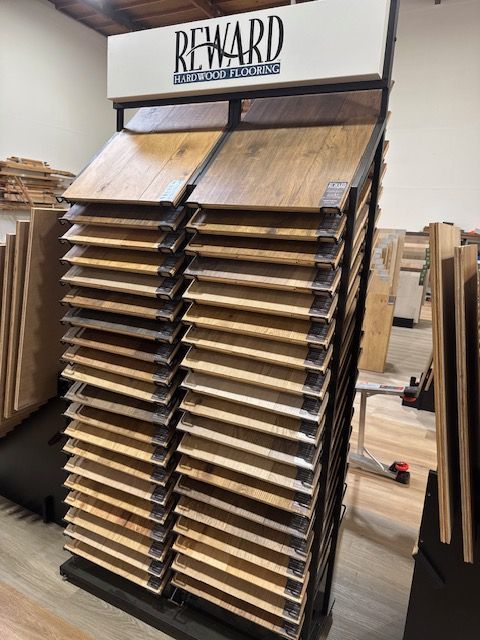 Display rack of wooden flooring samples in a store showroom
