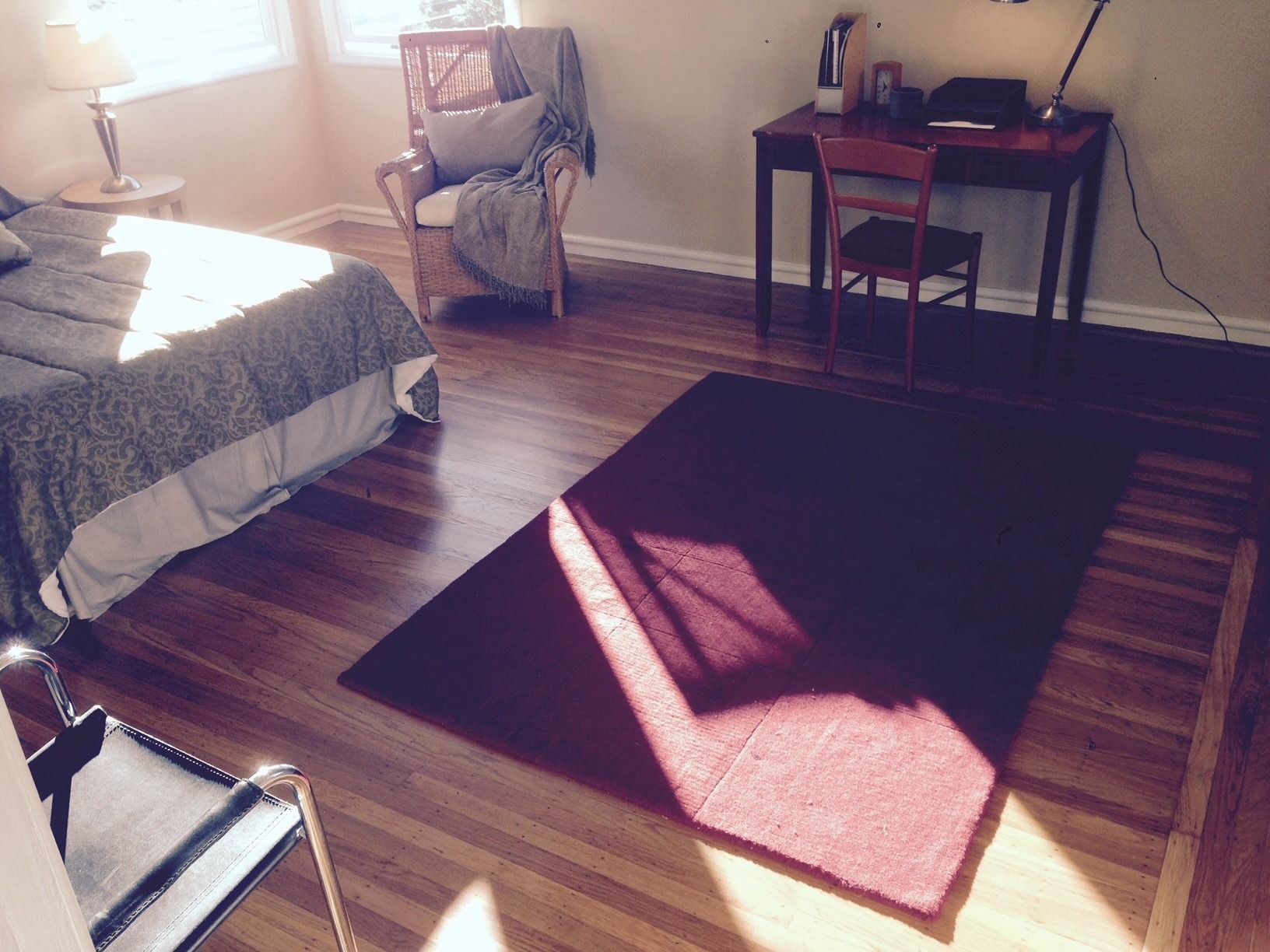 Bedroom with bed, desk, chair, rug, and sunlight.