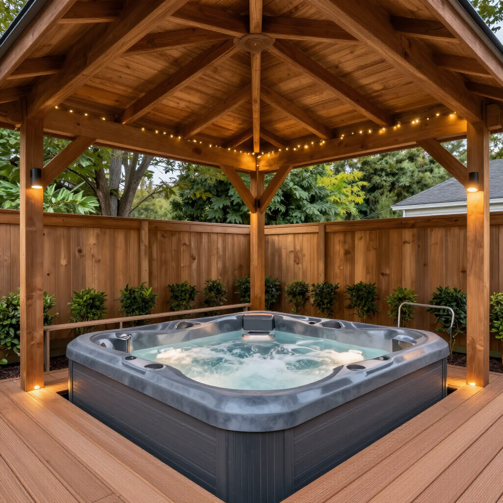 Covered private outdoor hot tub at a River of Love cabin in Thackerville, Oklahoma