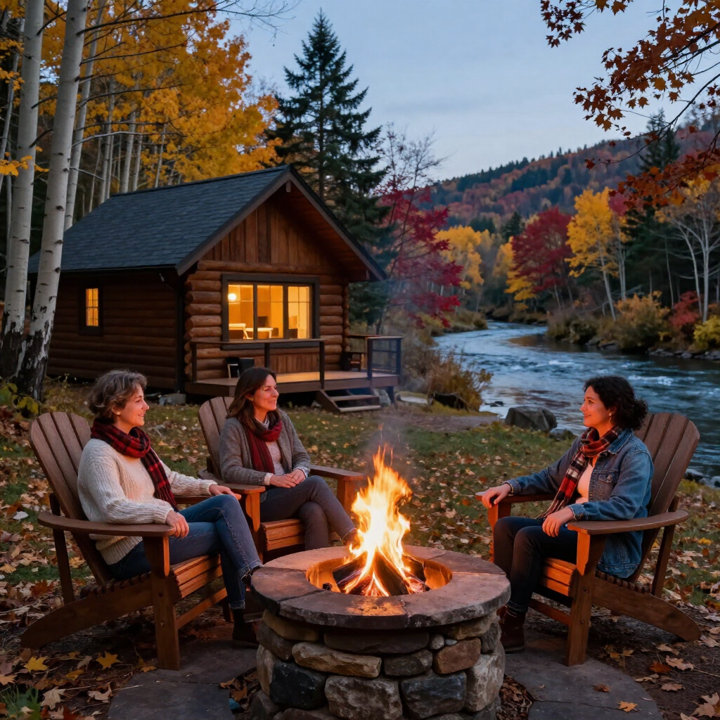 Couple enjoying a fall break weekend at a private River of Love cabin fire pit