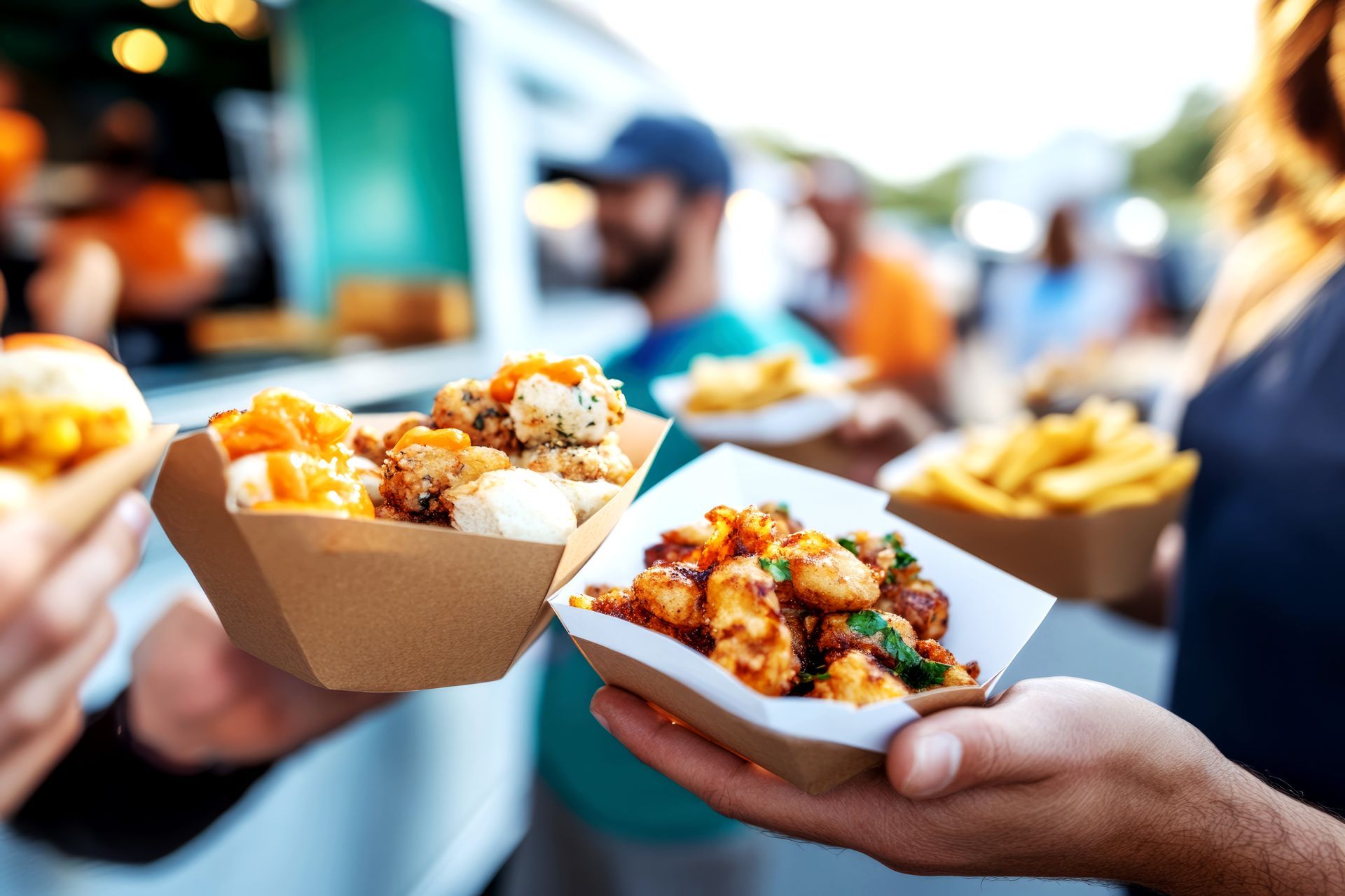 Hands holding boxes of saucy street food at an outdoor market, with people blurred in the background.