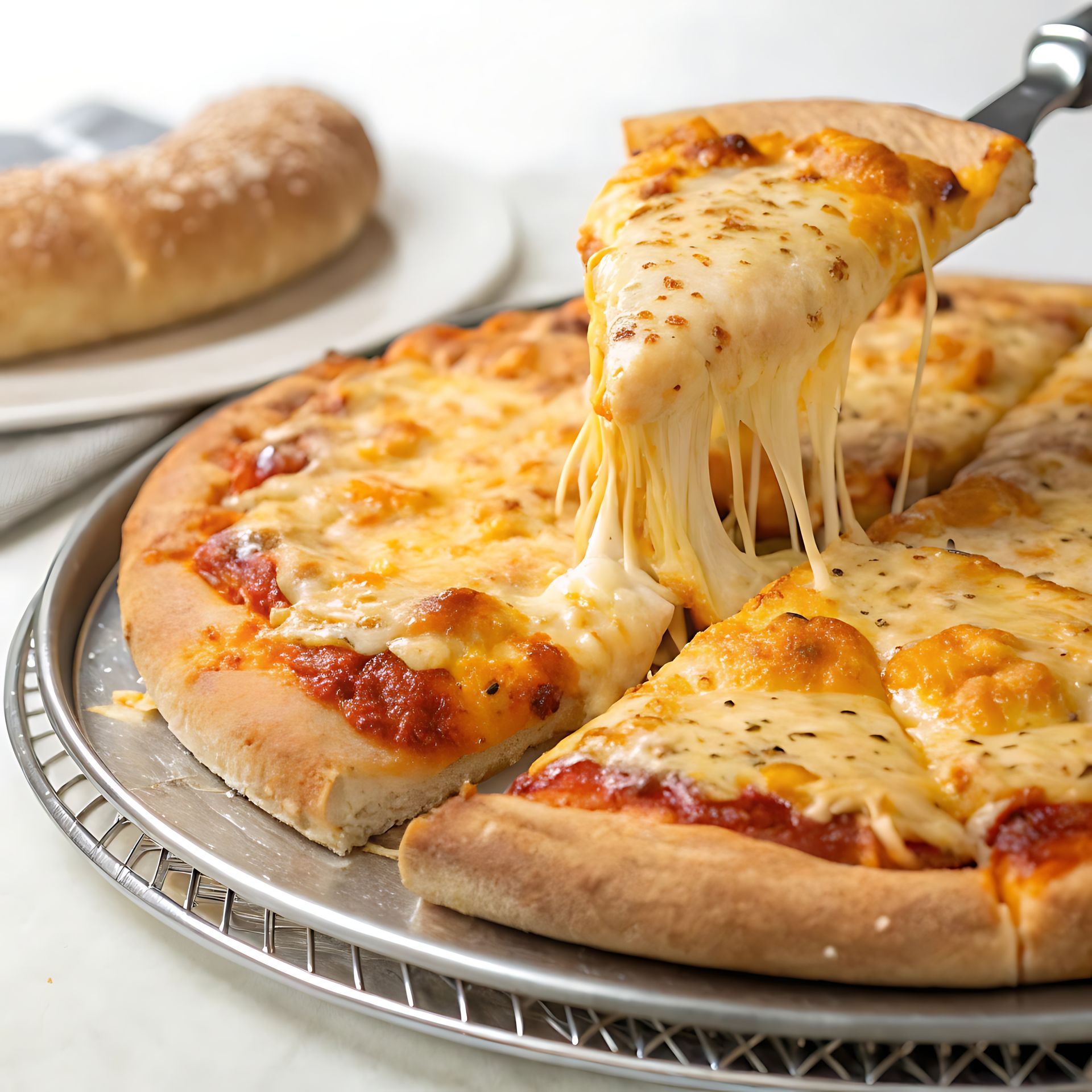 Cheesy pizza slice being lifted from a pepperoni pizza on a metal tray