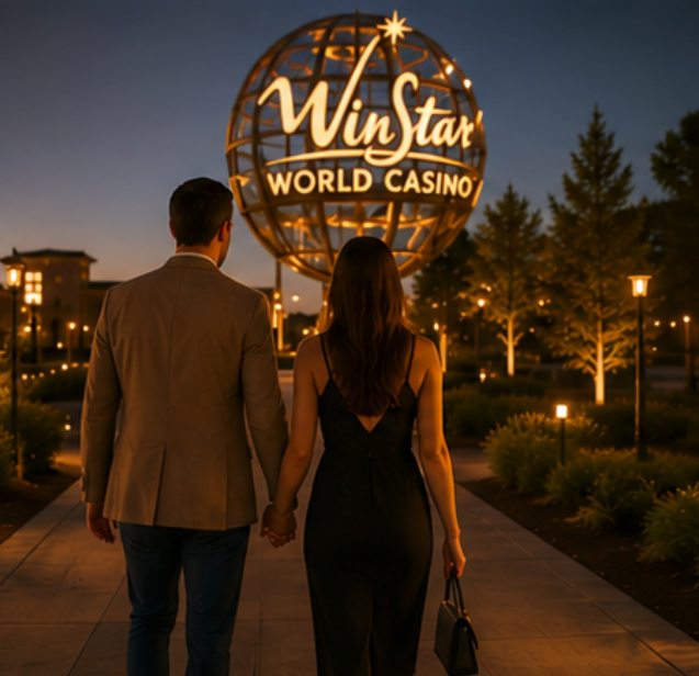 Couple walking toward the glowing WinStar World Casino sign at dusk