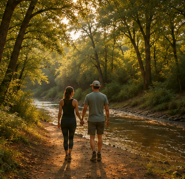Two people walking along a sunlit creek in a wooded forest at golden hour