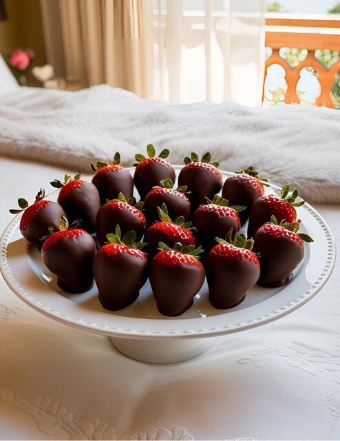 Chocolate-dipped strawberries arranged on a white plate by a sunlit window