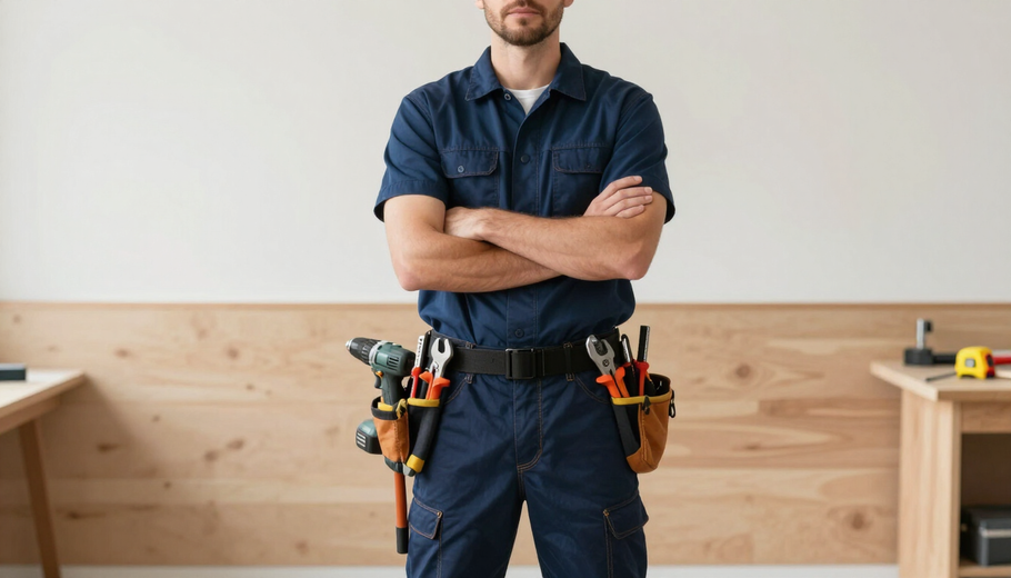 A tool belt-clad worker stands with arms crossed in a workshop