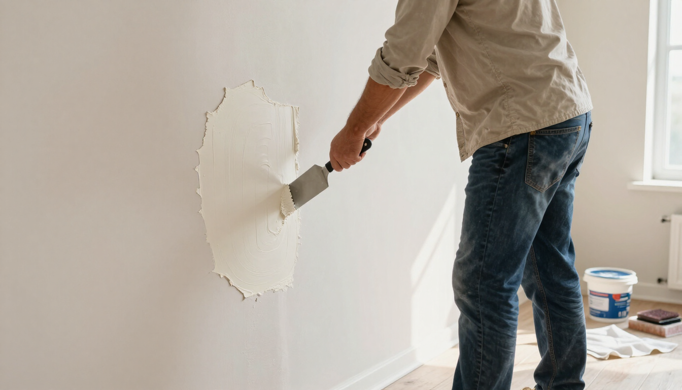 Person patching a white wall with a putty knife in a room with paint supplies nearby