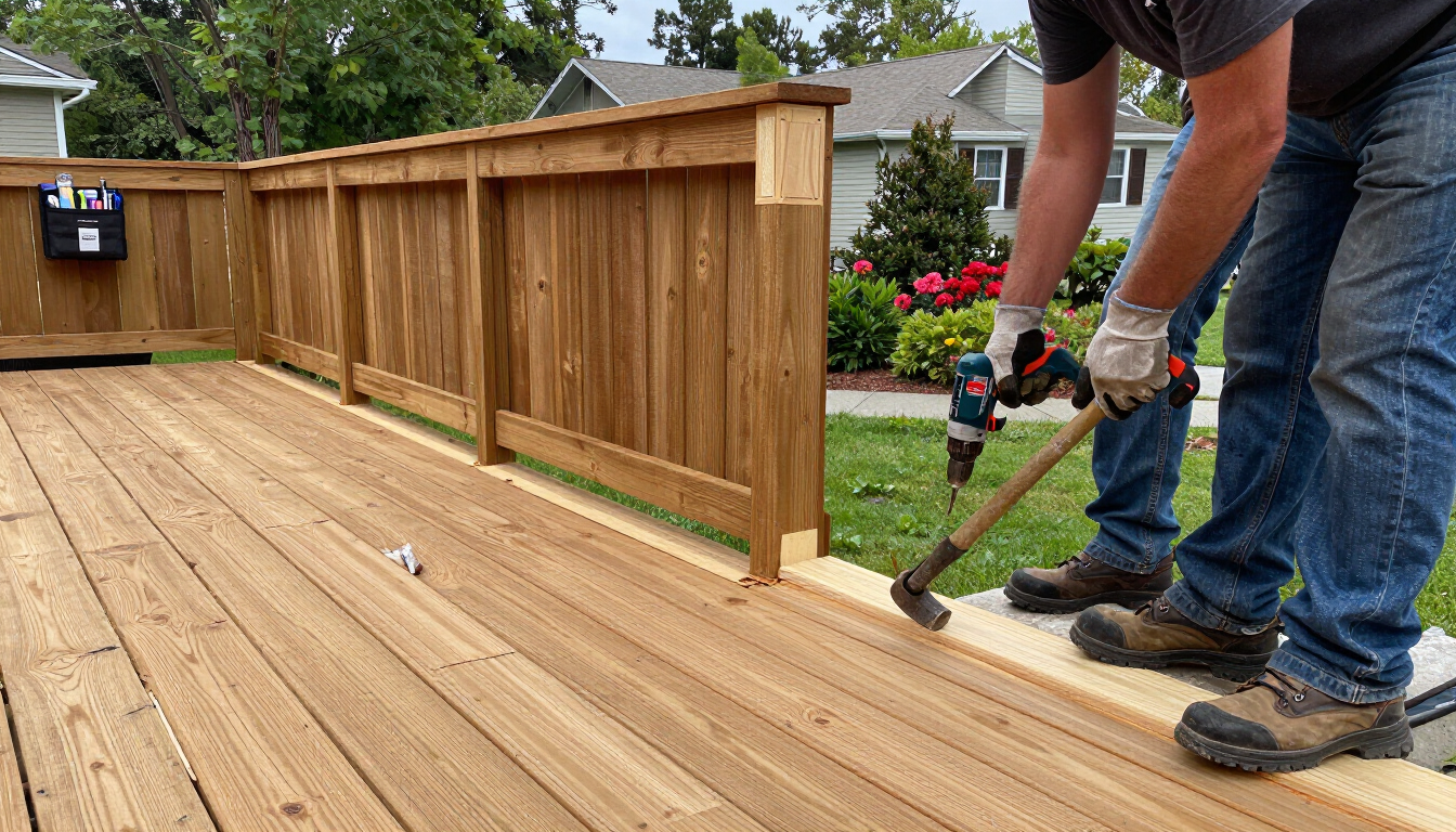 Worker installing wooden deck boards beside a fenced backyard deck with tools in hand