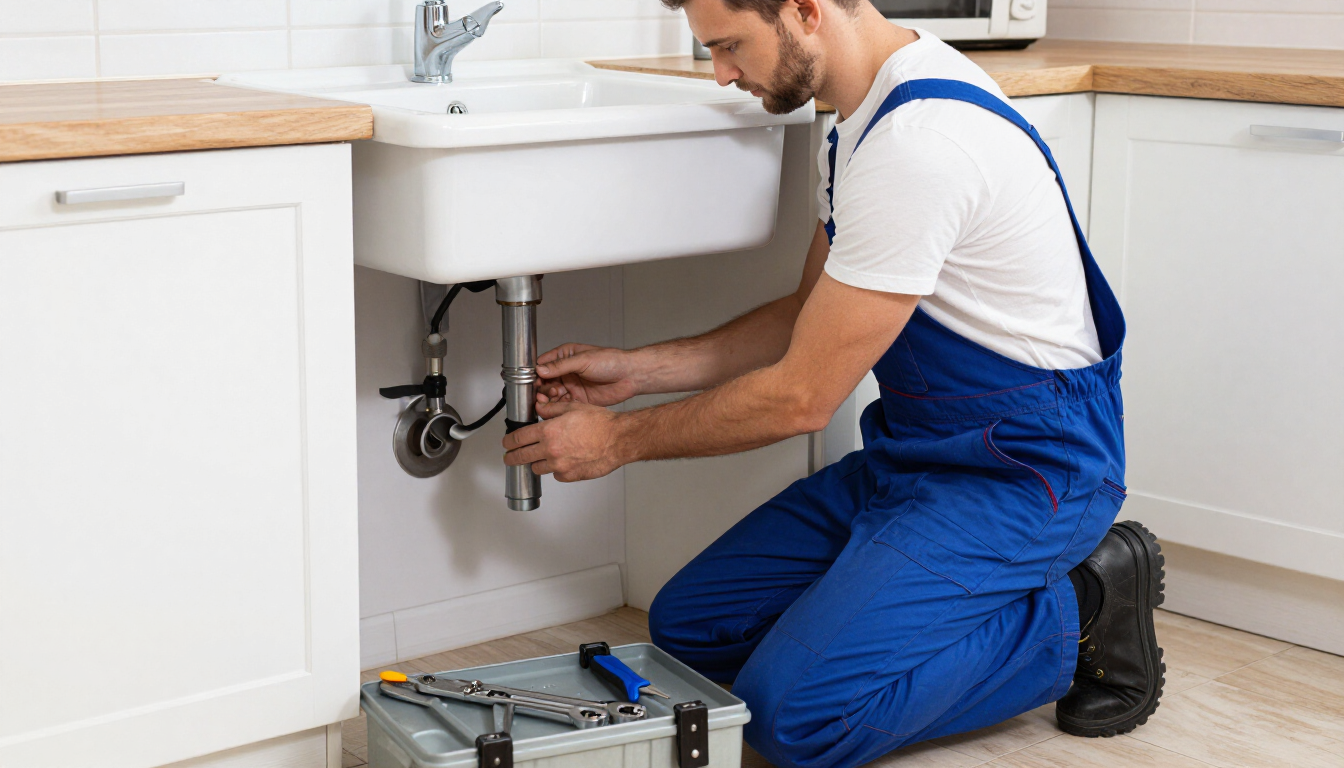 Plumber in blue overalls fixing sink pipes under a white bathroom vanity