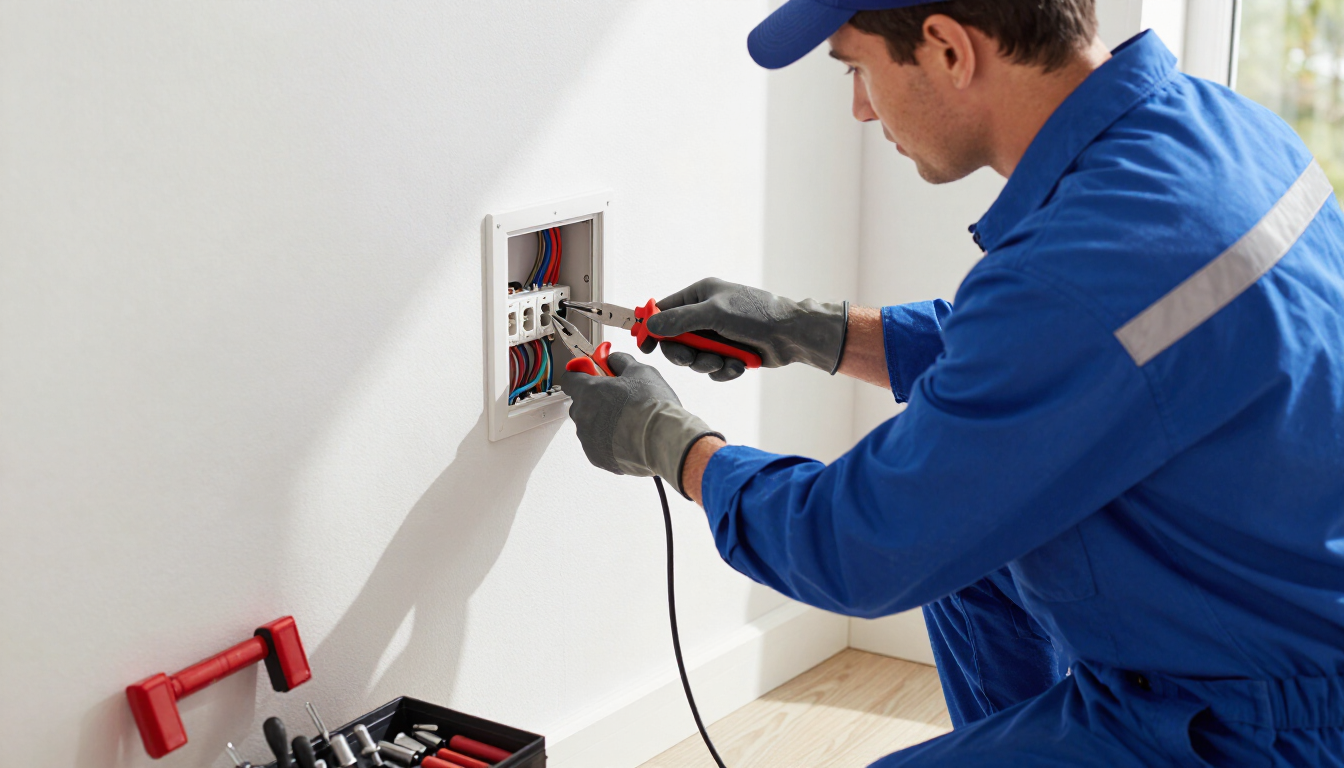 Electrician in blue uniform wiring an open wall outlet with tools nearby