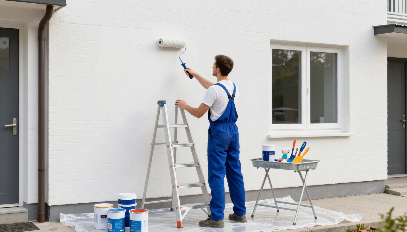 Painter in blue overalls painting a white exterior wall beside a ladder and paint supplies