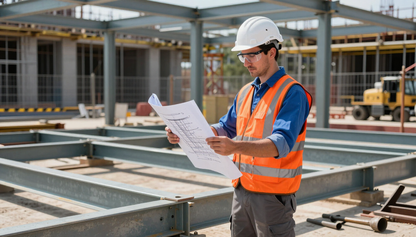 Obrero de la construcción con chaleco naranja y casco revisando unos planos en una obra
